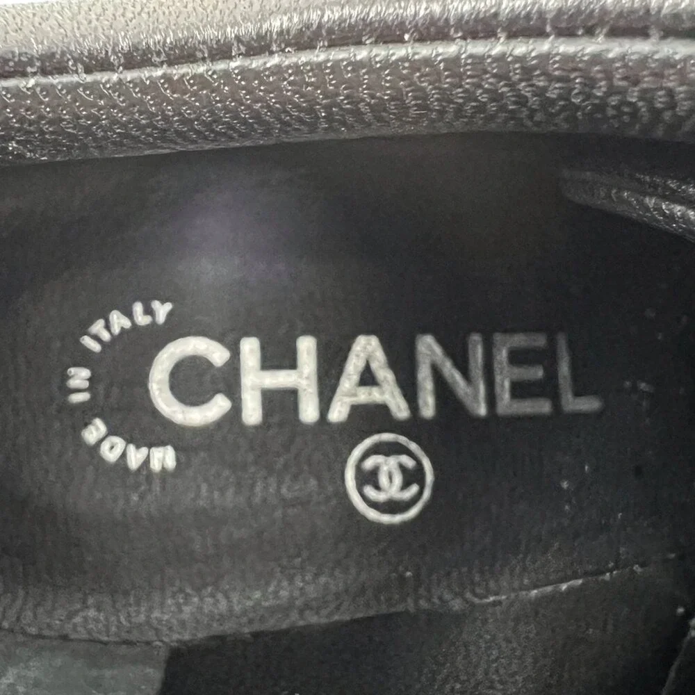 Chanel Black Patent Leather Wedge Ankle Boots Chain‎ Lace 38.5
